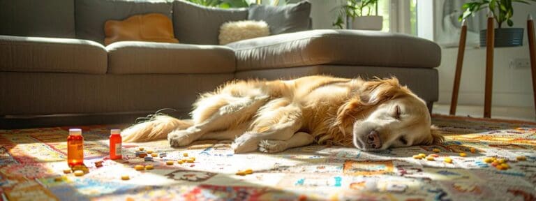 a concerned pet owner observes their visibly lethargic dog lying on a soft, colorful rug, with an array of half-empty supplement containers scattered nearby, highlighting the urgency of evaluating the effectiveness of pet supplements.