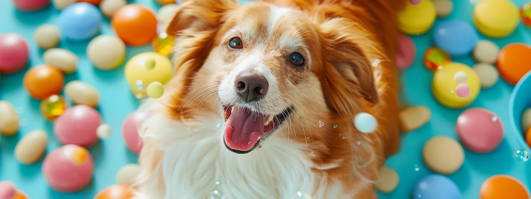 pet surrounded by an array of colorful health supplements
