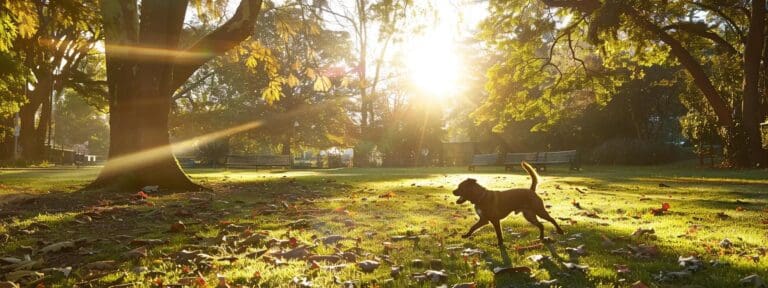 healthy dog playfully frolics in a sunlit park