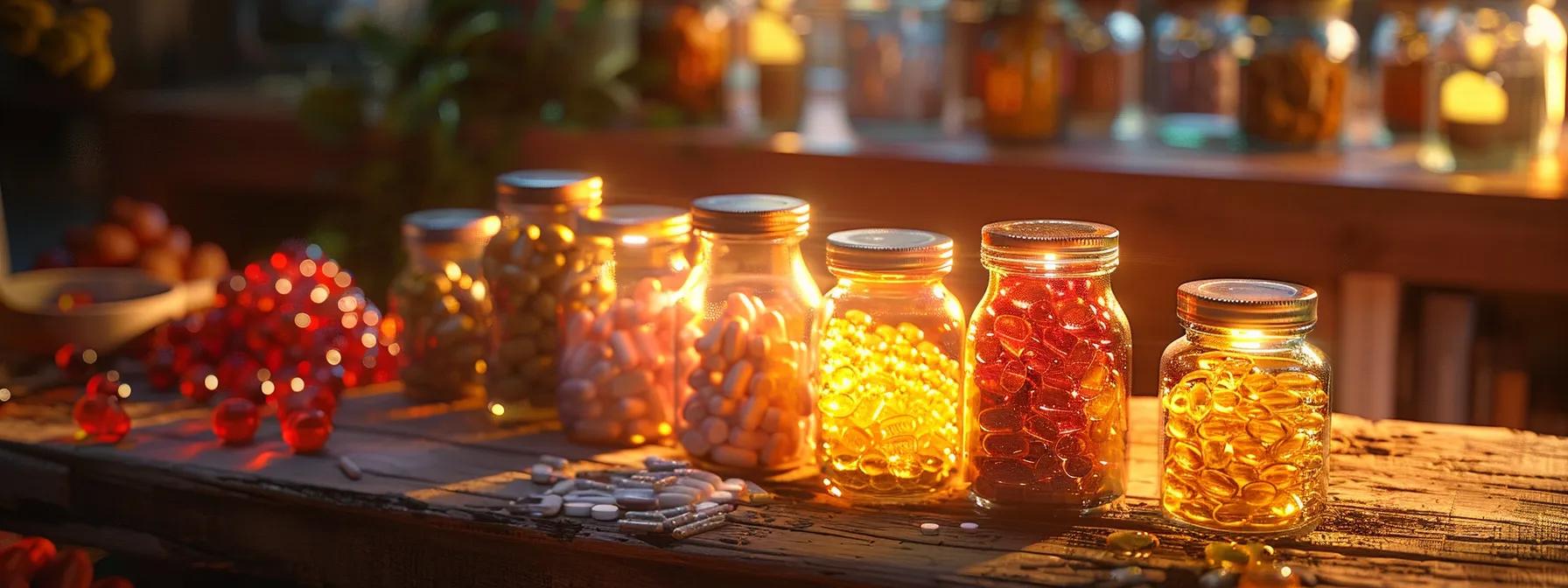a vibrant pet care setting showcasing an array of colorful multi-vitamin and targeted supplements arranged aesthetically on a natural wood surface, illuminated by soft, warm lighting that emphasizes their unique shapes and textures.
