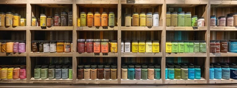 a vibrant pet shop interior showcases a colorful array of premium pet supplements displayed neatly on wooden shelves, bathed in warm, inviting light that highlights the products&rsquo; quality and variety.