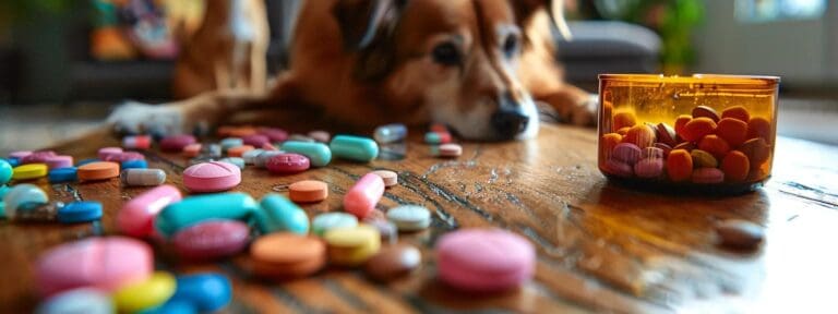 pet supplements arrayed artfully on a wooden table