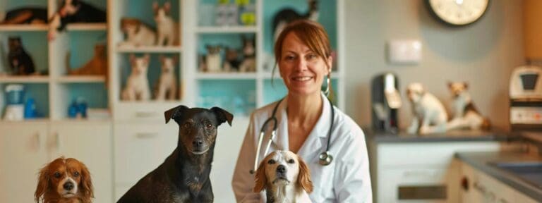 veterinarian surrounded by healthy pets