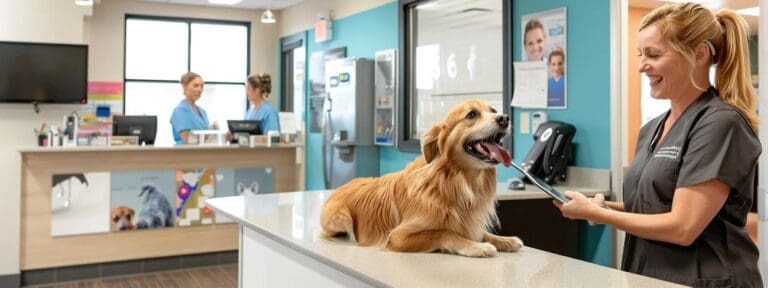 a bright and modern veterinary office showcases a happy dog receiving a consultation, with a cheerful staff member discussing affordable pet insurance options on a digital tablet, emphasizing a caring atmosphere for pet owners.