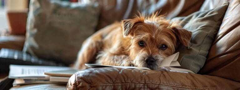an elderly dog lounges comfortably on a plush office chair, surrounded by documents and a laptop, symbolizing the importance of health insurance for aging pets amidst rising costs.