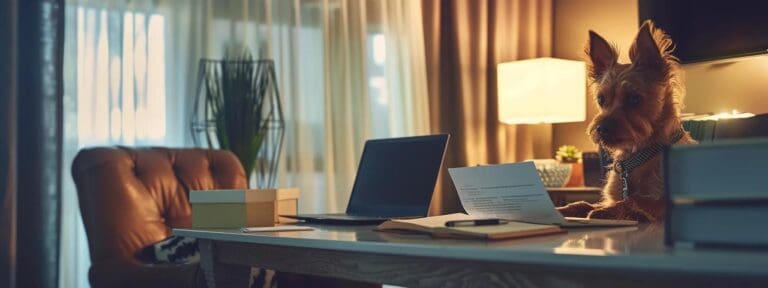 a modern office setting features a sleek desk with a laptop, an open pet insurance policy document, and a concerned pet owner reviewing potential exclusions, illuminated by soft ambient lighting to evoke a sense of clarity and focus on responsible pet care.