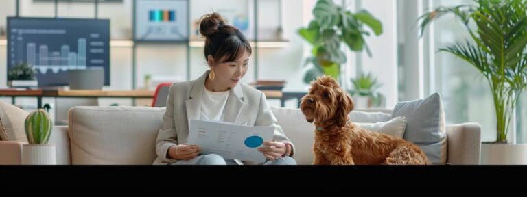 a modern office space features an attentive pet owner discussing innovative wellness plans with a knowledgeable insurance advisor, both surrounded by engaging infographics and sleek digital displays highlighting pet health savings.
