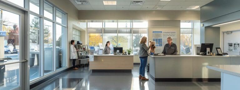 a sharply lit, modern veterinary clinic reception area, showcasing a concerned pet owner engaged in a conversation with a professional staff member over a brochure detailing critical health insurance exclusions for their pet.