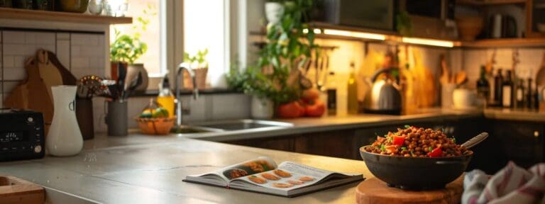 a cozy, well-lit kitchen showcases a bowl filled with vibrant, nutrient-rich dog food, highlighting an open cookbook on a nearby counter that focuses on healthy recipes for senior dogs.