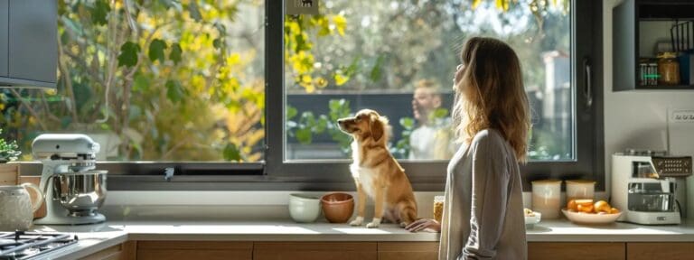 a concerned pet owner inspects the ingredients of a premium dog food bag in a modern kitchen, surrounded by feeding bowls and a curious senior dog looking up expectantly.