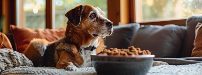 senior dog looking at his senior dog food