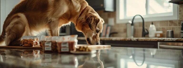 a cozy kitchen setting features a mature dog attentively sniffing a selection of specialized dog food bags carefully arranged on a countertop, emphasizing the thoughtful process of choosing the best nutrition for older dogs.