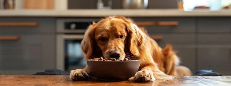 a cozy, modern kitchen showcases a senior dog happily eating from a stylish bowl filled with premium, nutrient-rich dog food, with warm ambient lighting creating an inviting atmosphere that highlights the importance of tailored nutrition for older pets.