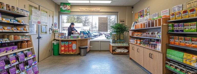 a cozy veterinary clinic interior, featuring an attentive veterinarian presenting a colorful display of senior dog food options and nutrient-rich supplements, with informative charts and advice visible on the walls, all bathed in warm, inviting lighting.