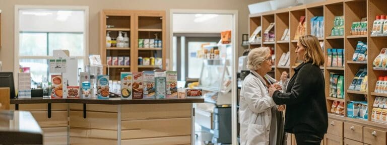 a cozy, well-lit veterinary office featuring a knowledgeable pet nutritionist guiding an elderly dog owner through an array of colorful, well-organized dog food options, creating a warm and informative atmosphere.
