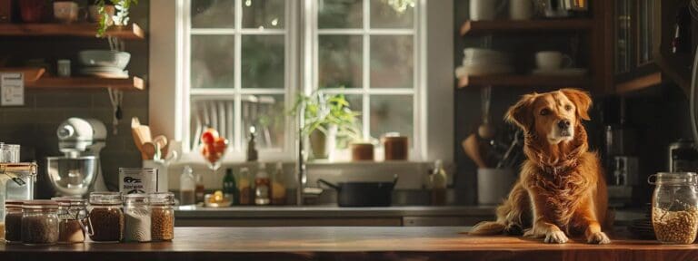 a cozy, well-lit kitchen features a thoughtfully arranged selection of premium dog food brands designed for aging pets, highlighting nutrition labels and ingredient lists on the countertop, with a senior dog contentedly resting nearby.
