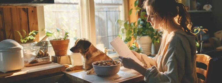 a cozy, well-lit kitchen setting features an elegant bowl filled with wholesome, senior dog food and a thoughtful pet owner carefully examining a nutrition guide, showcasing the mindful transition to a senior dog diet.