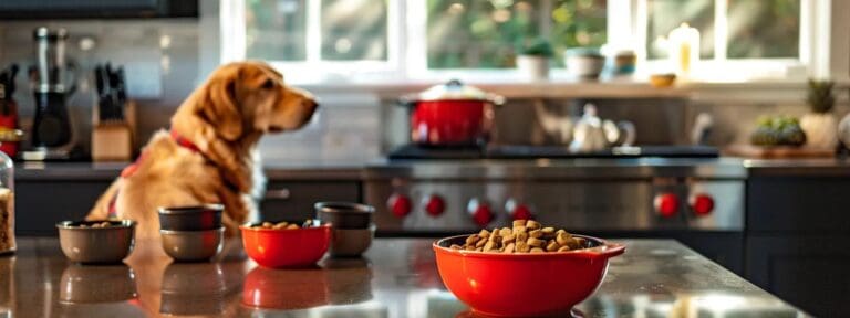 a meticulously organized kitchen countertop displays an array of precise measuring cups alongside a vibrant bowl of senior dog food, capturing the essence of portion control for aging canines in a warm, inviting atmosphere.