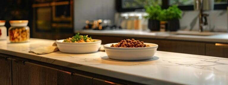 a modern, sleek kitchen countertop displays two distinct bowls of dog food&mdash;one filled with vibrant, homemade ingredients and the other with neatly packaged store-bought food, surrounded by a warm, inviting ambiance that highlights the choice for senior dog nutrition.
