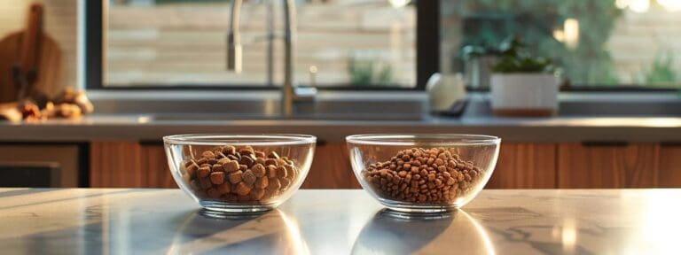 a sleek, modern kitchen countertop showcases two distinct bowls of dog food&mdash;one filled with rich, protein-packed kibble and the other with grain-based pellets, under warm, focused lighting that highlights their textures and ingredients.