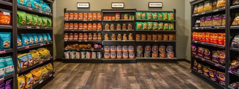 a sophisticated pet food marketing display highlights an array of premium senior dog food packaging, showcased in a modern veterinary clinic setting with vibrant colors and informative labels emphasizing protein-rich ingredients.