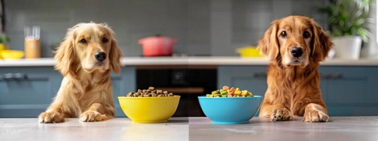 a split-screen comparison featuring two vividly styled dog bowls, one filled with vibrant, healthy kibble formulated for senior dogs and the other with colorful, energetic kibble for younger dogs, set against a sleek, modern kitchen backdrop that emphasizes the importance of tailored nutrition.