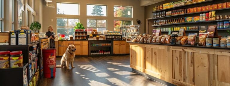 a vibrant, inviting veterinary clinic showcases a diverse array of nutritionally balanced dog food products, with attentive staff engaging warmly with happy, healthy senior dogs, highlighting the importance of nutrition for enhancing canine health and longevity.
