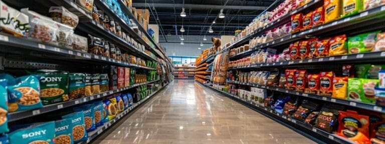 a vibrant, modern pet food aisle in a well-lit store showcases distinctly branded senior dog food packages, each highlighting their unique nutritional benefits on eye-catching labels.