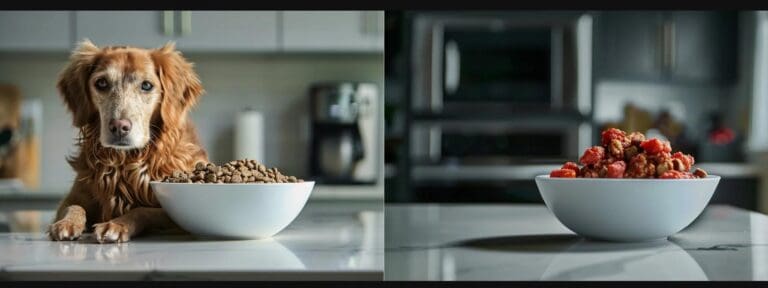 a visually engaging split-screen image contrasting a vibrant bowl of dry dog food on one side and a rich, savory dish of wet dog food on the other, set on a sleek, modern kitchen countertop, emphasizing the nutritional differences for senior dogs.
