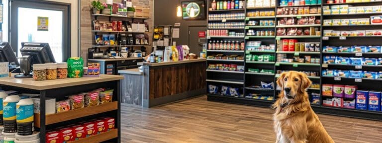 a well-organized veterinary office features a senior dog sitting attentively beside a vibrant display of nutritious pet food options, emphasizing optimal health and wellness for aging canines.