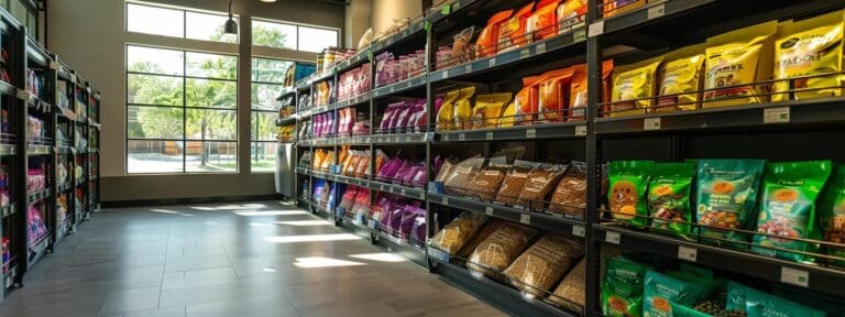 an inviting, well-lit pet food store displays colorful bags of premium local senior dog food on neatly arranged shelving, highlighting the variety and quality tailored for older dogs.